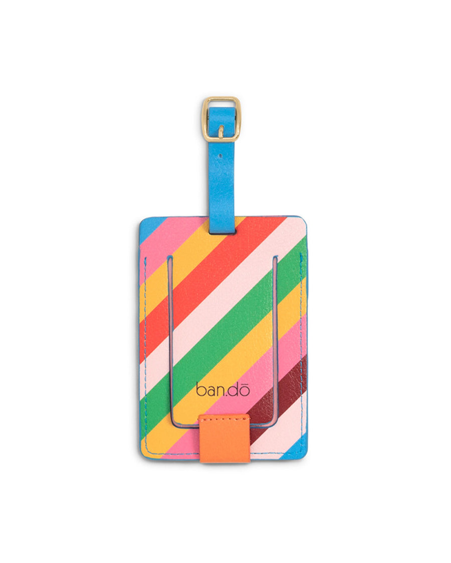 rainbow diagonal stripe luggage tag with pvc clear pocket and gold hardware