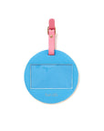 back of luggage tag with solid blue ground and pvc clear window
