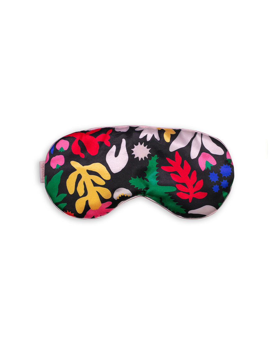 silky eye mask with black ground and multicolor abstract floral print