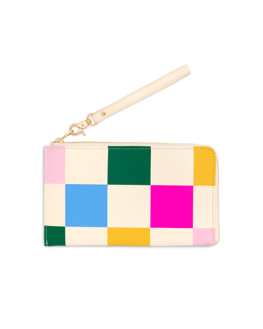 Multi-color checked leatherette travel wallet with a removable wristlet.