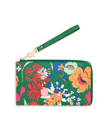 Emerald green leatherette travel wallet with bright floral pattern