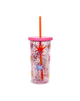 backview of sip sip glitterbomb tumbler with colorful starburst print, pink lid, and red silicone straw
