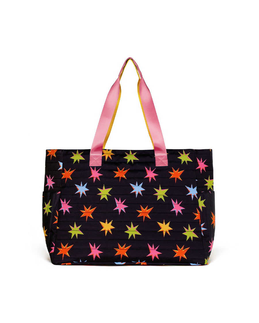 go go work bag with black ground, colorful starburst print and two sides pink/yellow straps