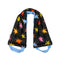 weighted neck wrap with black ground, light blue straps and colorful starburst print