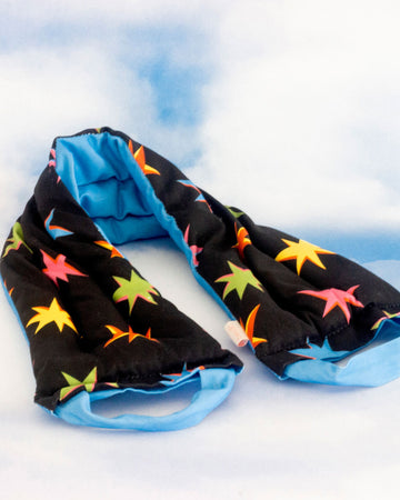 black neck wrap with colorful starburst print