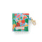 back view of earbuds case with blue ground and all over abstract fruit print with gold clasp