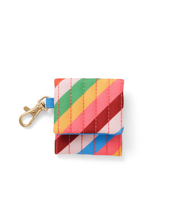 earbuds case with diagonal rainbow stripes and gold clasp
