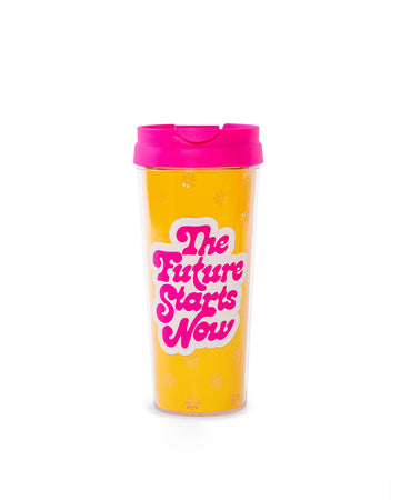  acrylic thermal mug with yellow foil flower background, hot pink and the words 'the future starts now' in pink and white