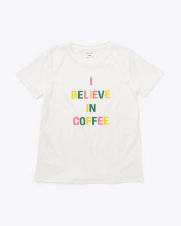 white t-shirt with multicolor "I BELIEVE IN COFFEE" text graphic