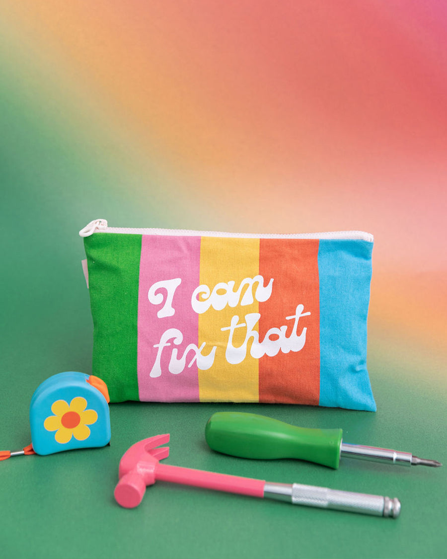 tool kit with a screwdriver, hammer, tape measure and little screwdriver with colorful 'i can fix that' pouch
