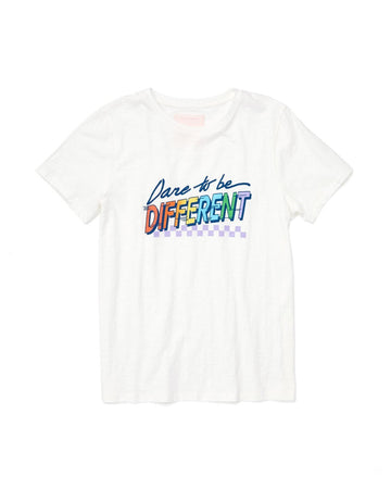 white t-shirt with "Dare to be Different" screen printed on the front