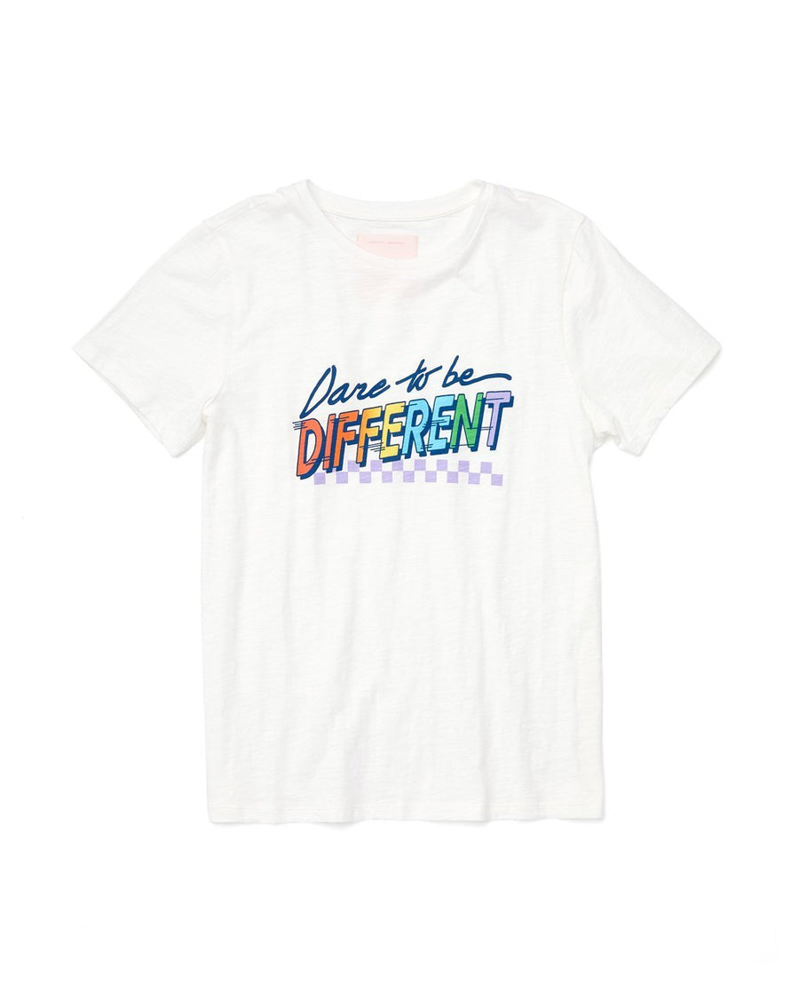 white t-shirt with "Dare to be Different" screen printed on the front