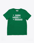 green t-shirt with "DARK LEAFY GREENS" text graphic in 70s style font