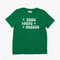 green t-shirt with "DARK LEAFY GREENS" text graphic in 70s style font