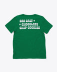 green t-shirt with "SEA SALT CHOCOLATE CHIP COOKIES" text graphic in 70s style font