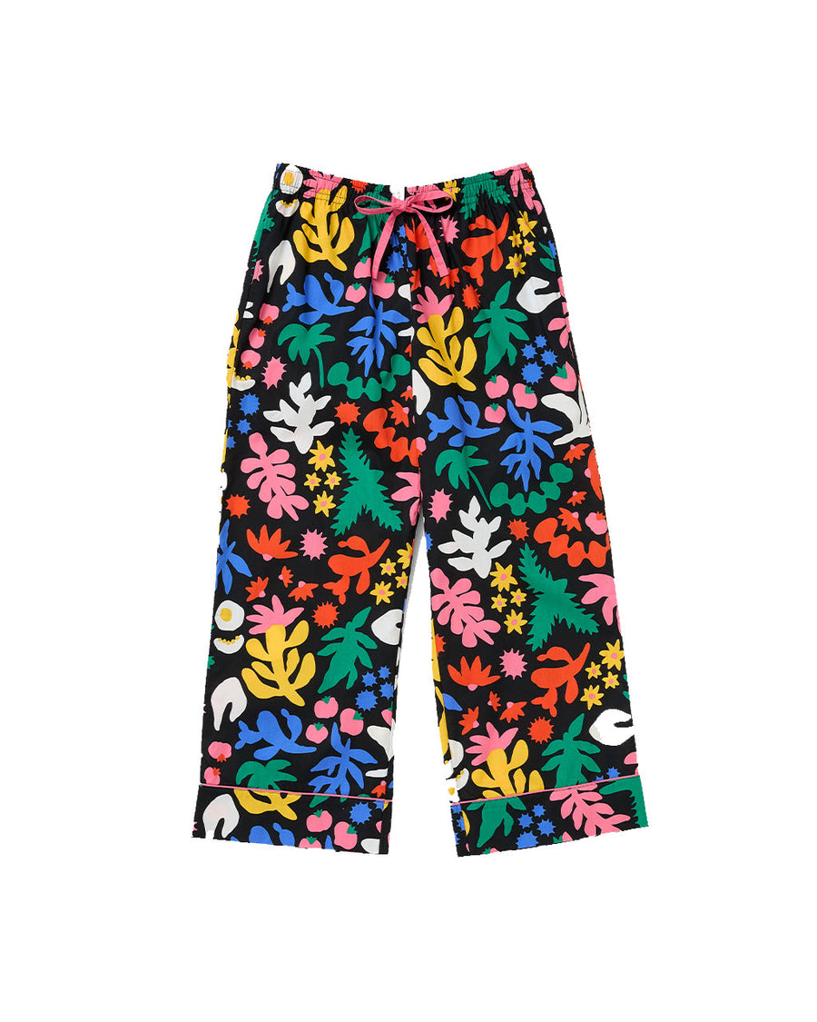  leisure pants with black ground and all over abstract floral print