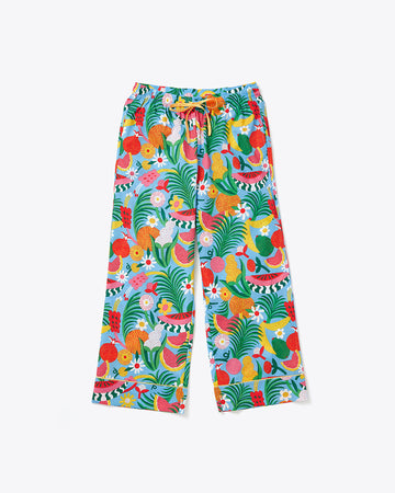 blue leisure pants with abstract fruit and flower print