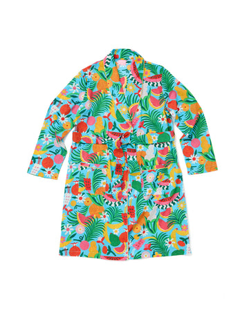 robe with light blue ground and all over abstract fruit print