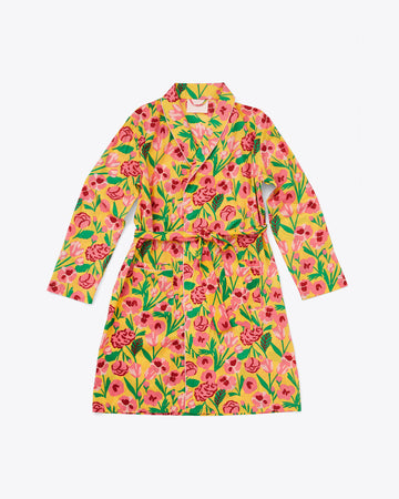 yellow robe with pink and green bold floral pattern with matching tie waist
