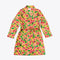 yellow robe with pink and green bold floral pattern with matching tie waist