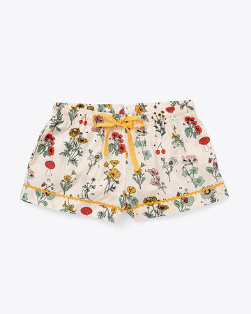 pajama shorts in ivory with botanical floral print with yellow tie waist and ric rac trim