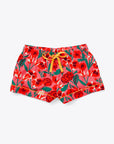 pajama shorts in red and pink bold floral print with yellow tie waist and piping detail