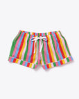 leisure shorts with green, blue, pink, orange, and red vertical stripes