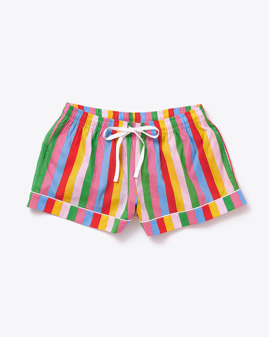 leisure shorts with green, blue, pink, orange, and red vertical stripes