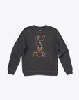 black longsleeve sweatshirt with multicolor "LESS CAN BE MORE" text graphic in modern font