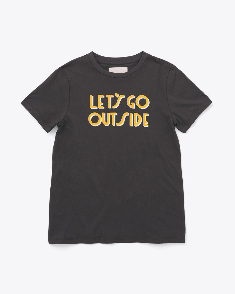 black t-shirt with "LET'S GO OUTSIDE" text graphic in yellow