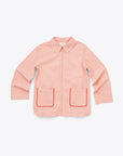 light pink work jacket with zipper front and ric rac on front patch packets
