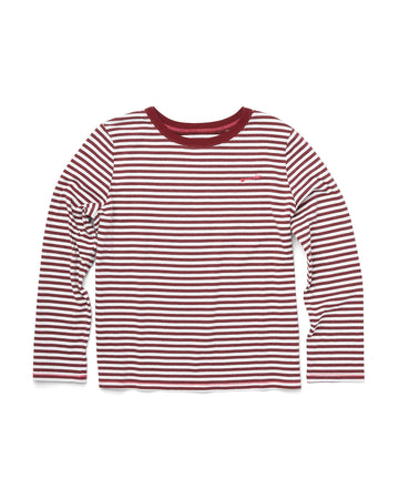 Front shot of in a long sleeve red and white striped t-shirt. 