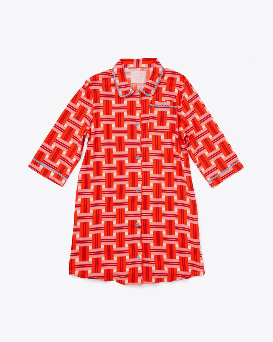 3/4 sleeve pajama dress in red and pink basket weave plaid pattern with light blue ricrac trim detail 