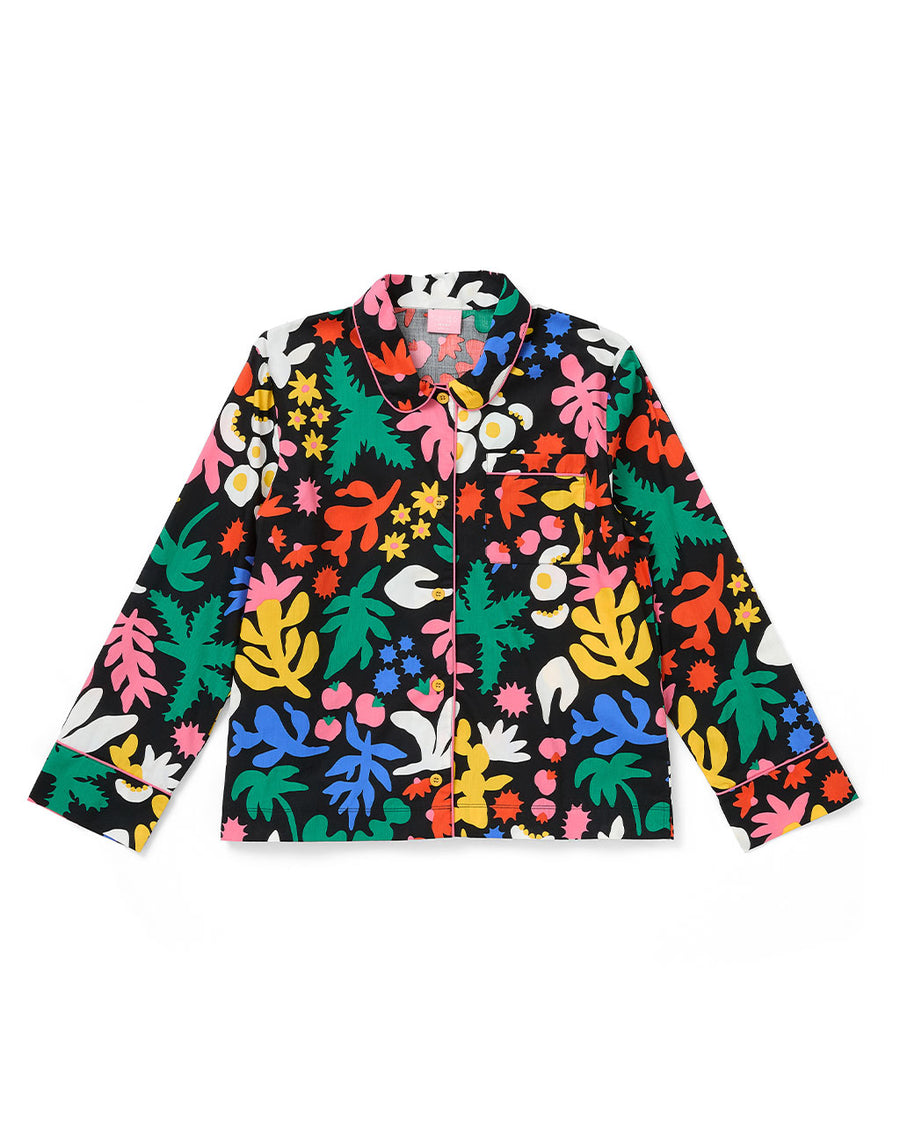 long sleeve leisure shirt with black ground and all over abstract floral print