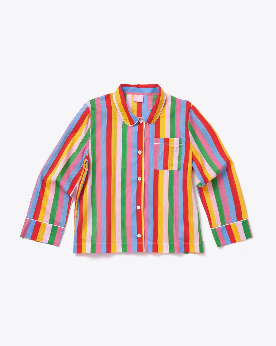 long sleeve leisure top with green, blue, pink, orange, and red vertical stripes