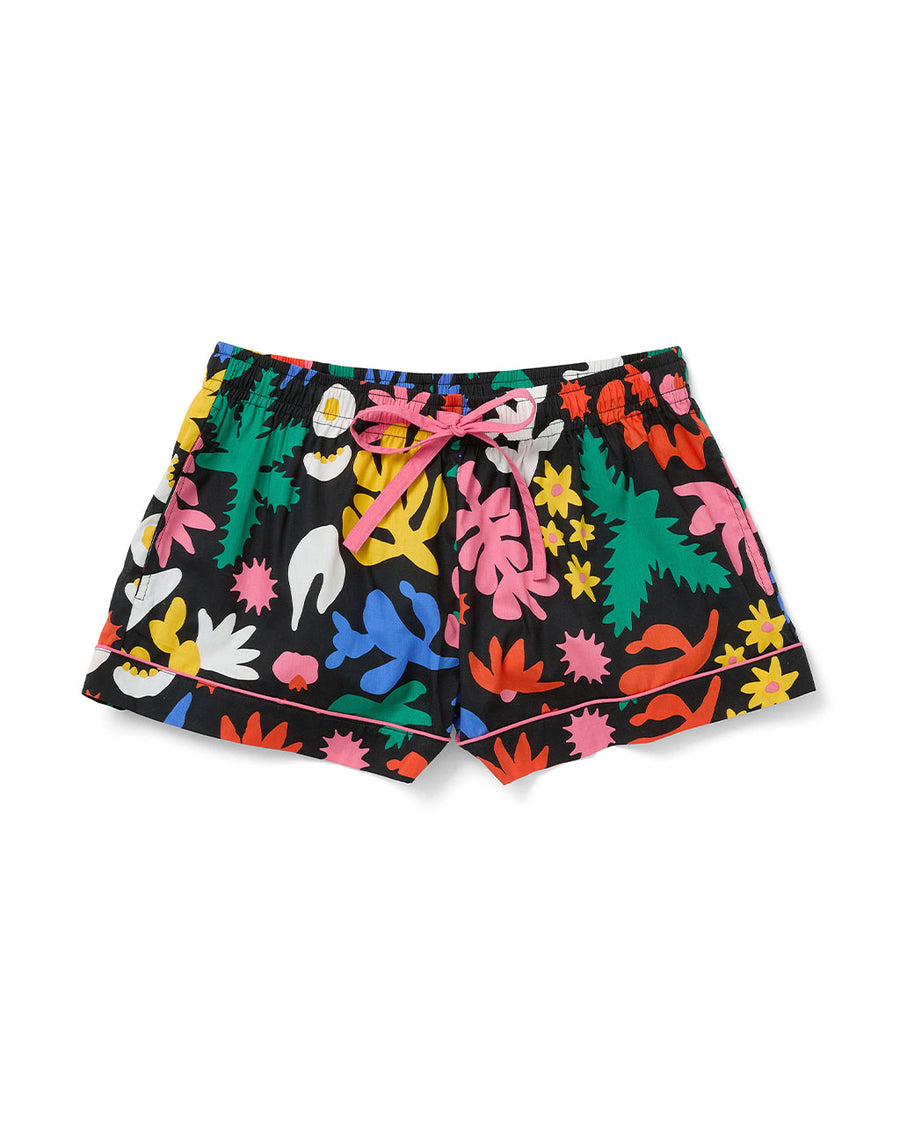 leisure shorts with black ground and all over abstract floral print