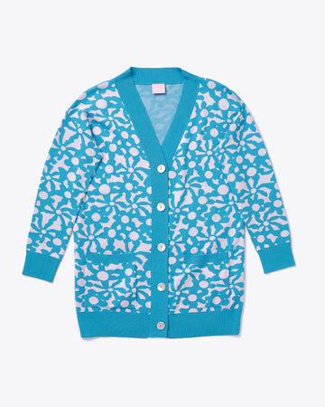blue and white cardigan with abstract flower print