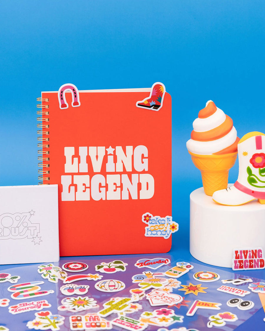 living legend notebook, de-stress ice cream and boot balls, color in notecards and puffy stickers