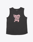 black muscle tank with the words look for joy in pink