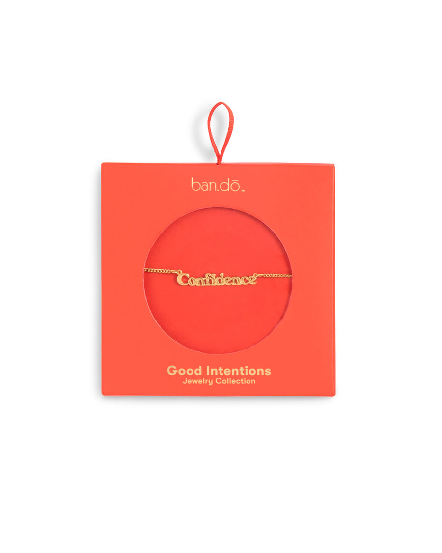 gold chain necklace with the word confidence shown in orange box packaging