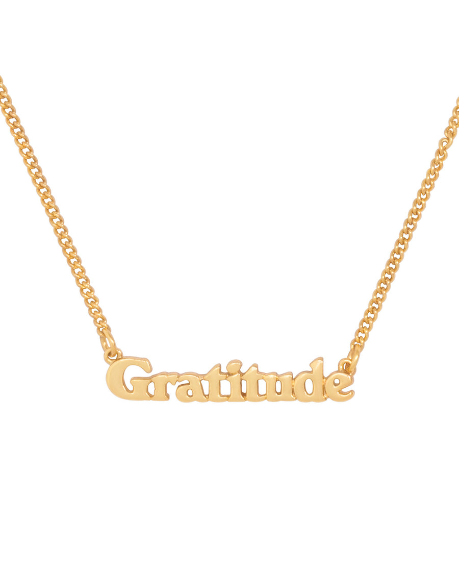 gold chain necklace with the word gratitude in 3d letters 