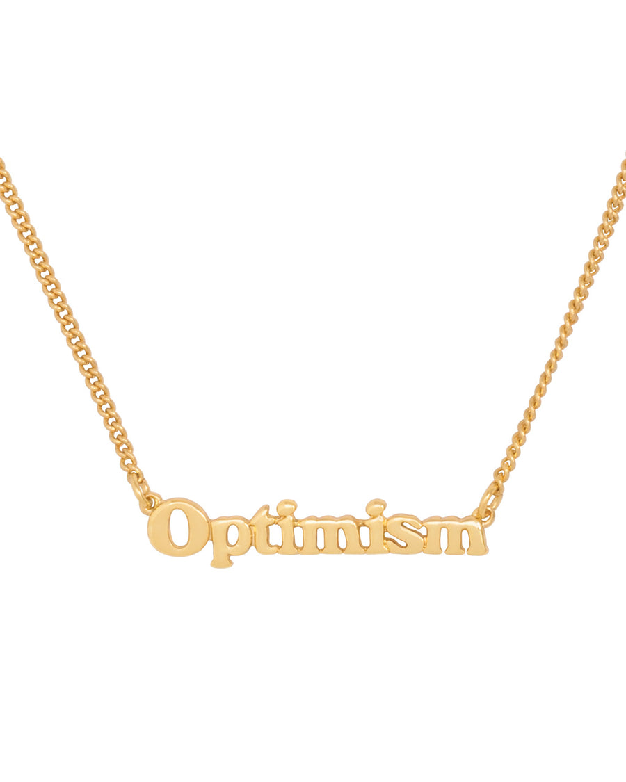 gold chain necklace with the word optimism 
