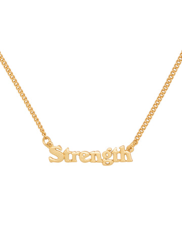 gold chain necklace with the word strength