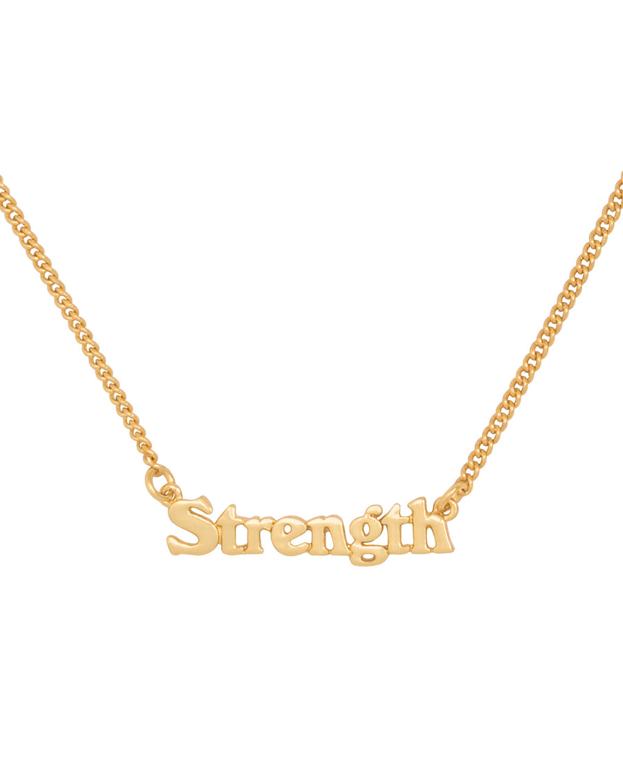 gold chain necklace with the word strength