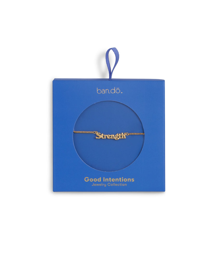 gold chain necklace with the word strength shown in blue box packaging