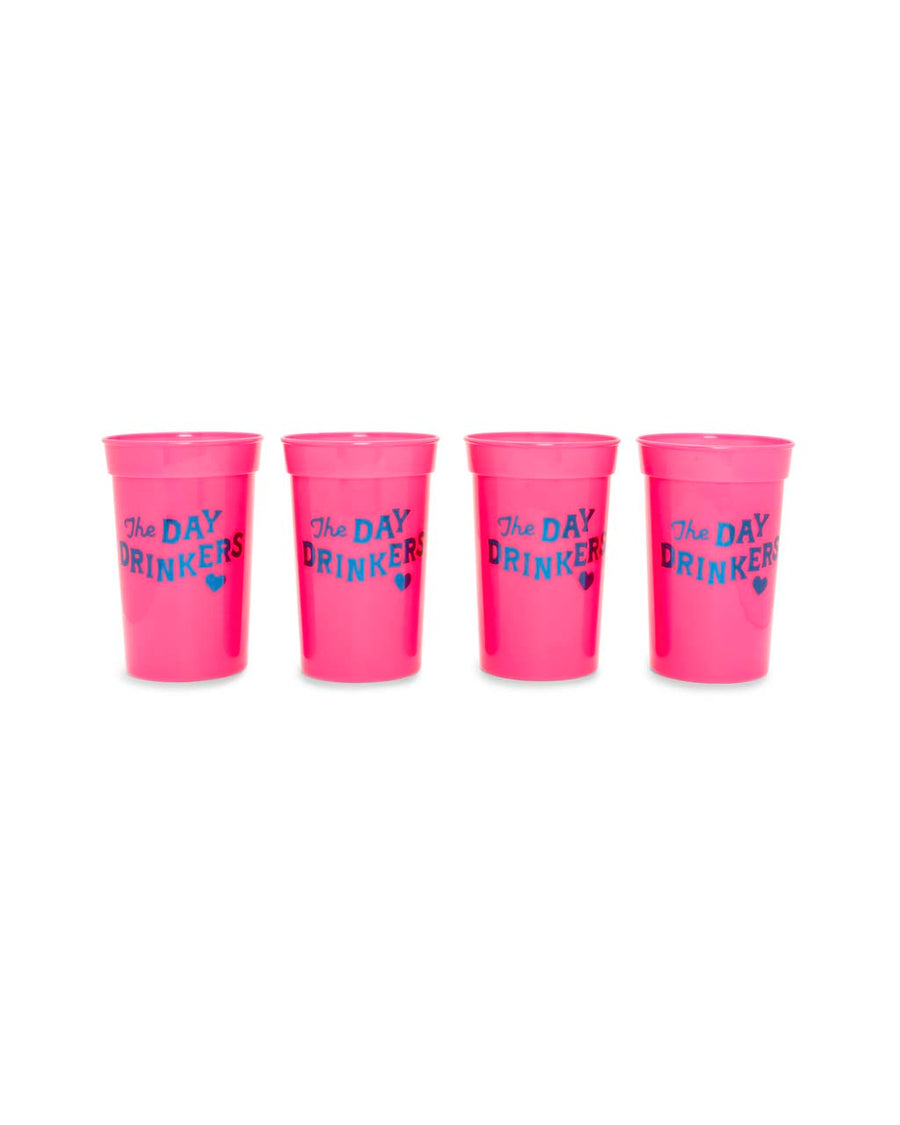 These Party On cups come in pink, with 'The Day Drinkers' printed in metallic blue on the outside.