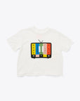 ivory cropped tee with vintage TV graphic with "PAUSE" symbol over multicolor bars