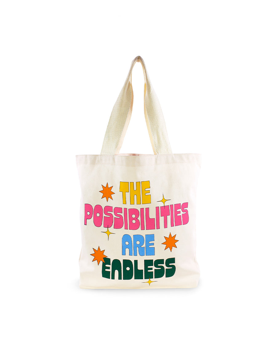 canvas tote bag with multicolor 'the possibilities are endless' text and star graphic