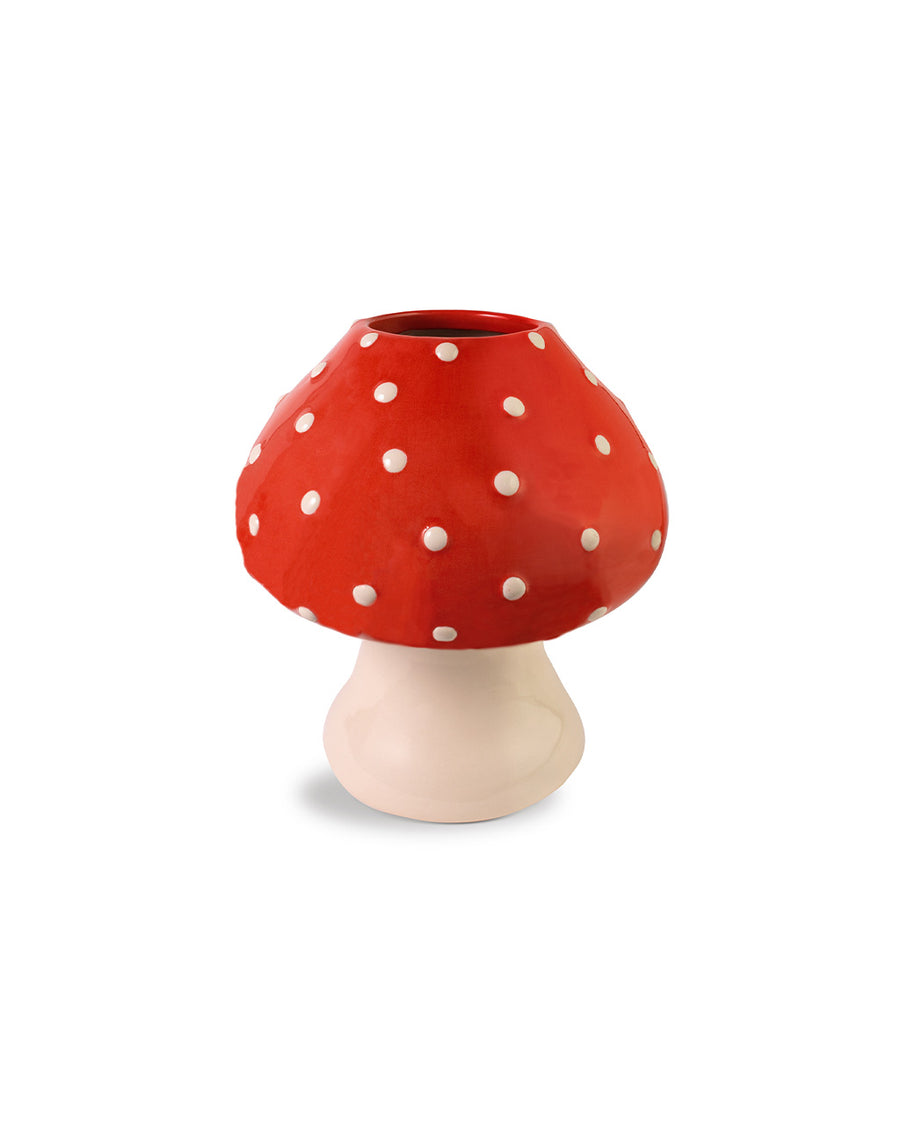 mushroom shaped ceramic vase with natural colored stem and red and white polka dot top