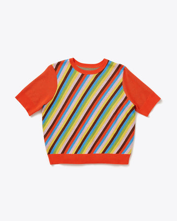short sleeve sweater with multi color diagonal stripes and red sleeves and trim